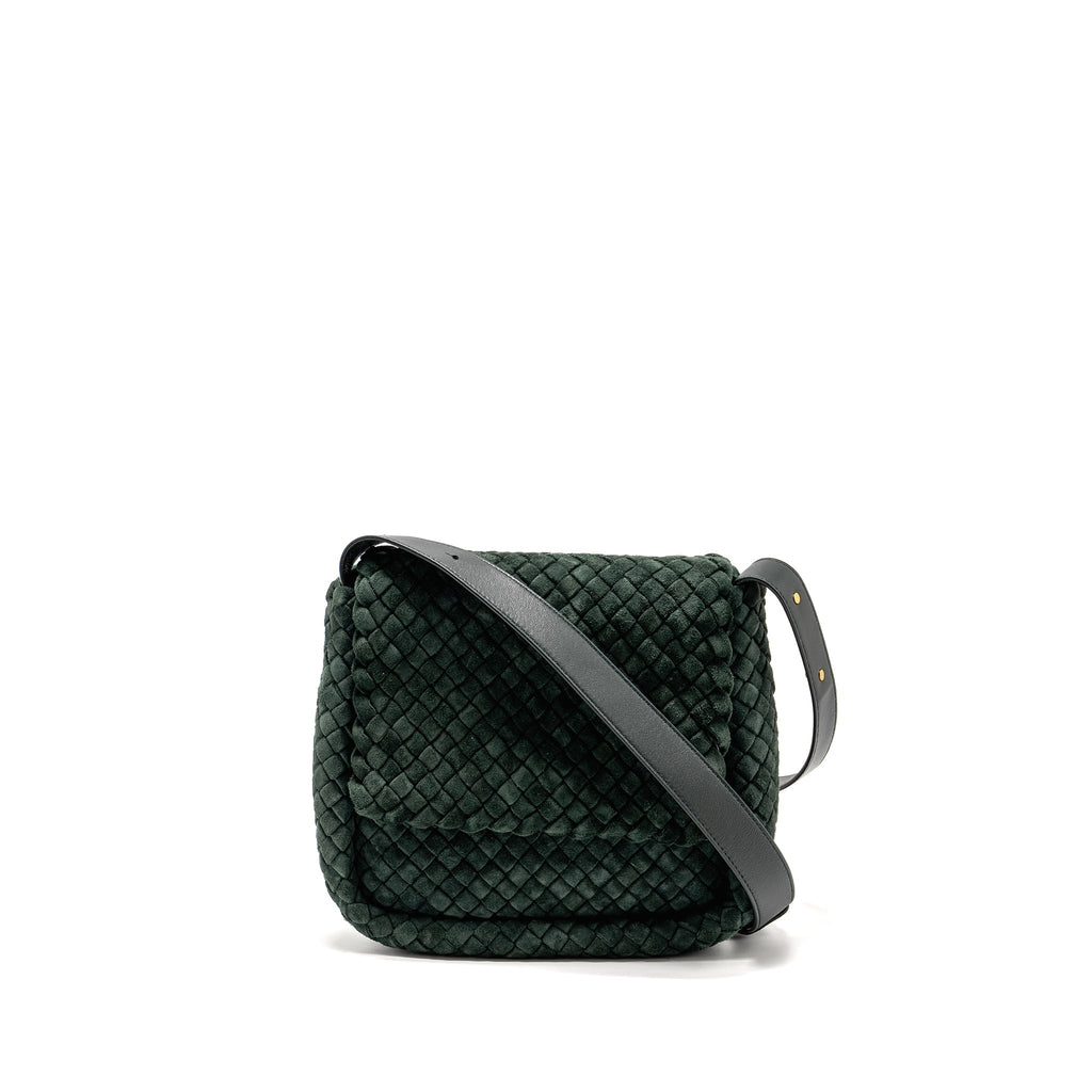 COBBLE MESSENGER BAG INTRECCIATO-WOVEN PADDED SUEDE DARK GREEN GHW